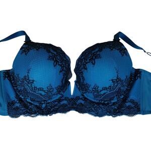 Cacique Blue Black Plus Size Sexy Wide Band Underwire Floral Lace Push Up Bra